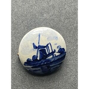 VINTAGE Delft Holland Blue and White Handpainted Porcelain Windmill Pin/Brooch.